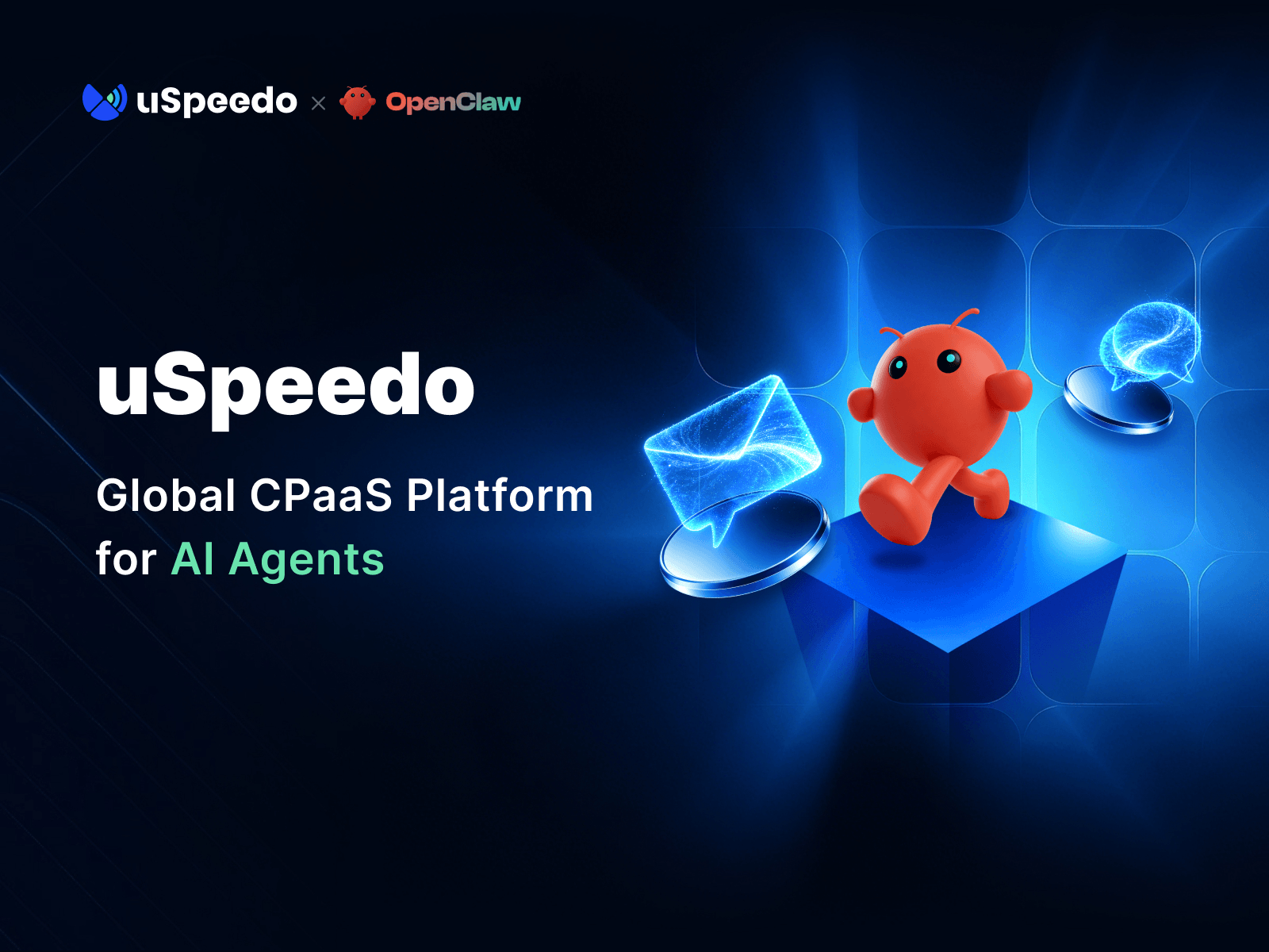 An architectural diagram showing uSpeedo as the core communication layer for the OpenClaw platform. It illustrates the flow from AI decision-making to standardized uSpeedo Skills, reaching a global network across 24 regions, bridging the gap between AI and real-world execution.